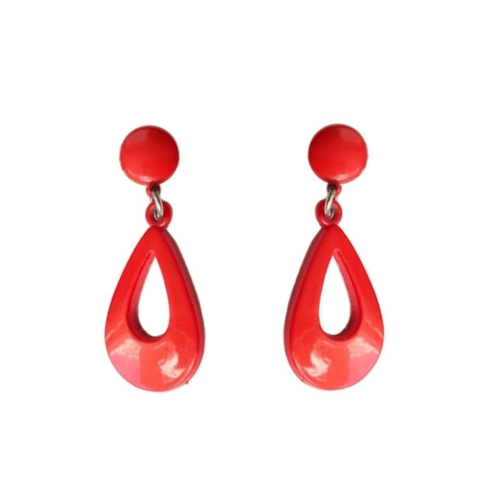 Vintage Disco Era Dangly Red Teardrop Hoop Earrings